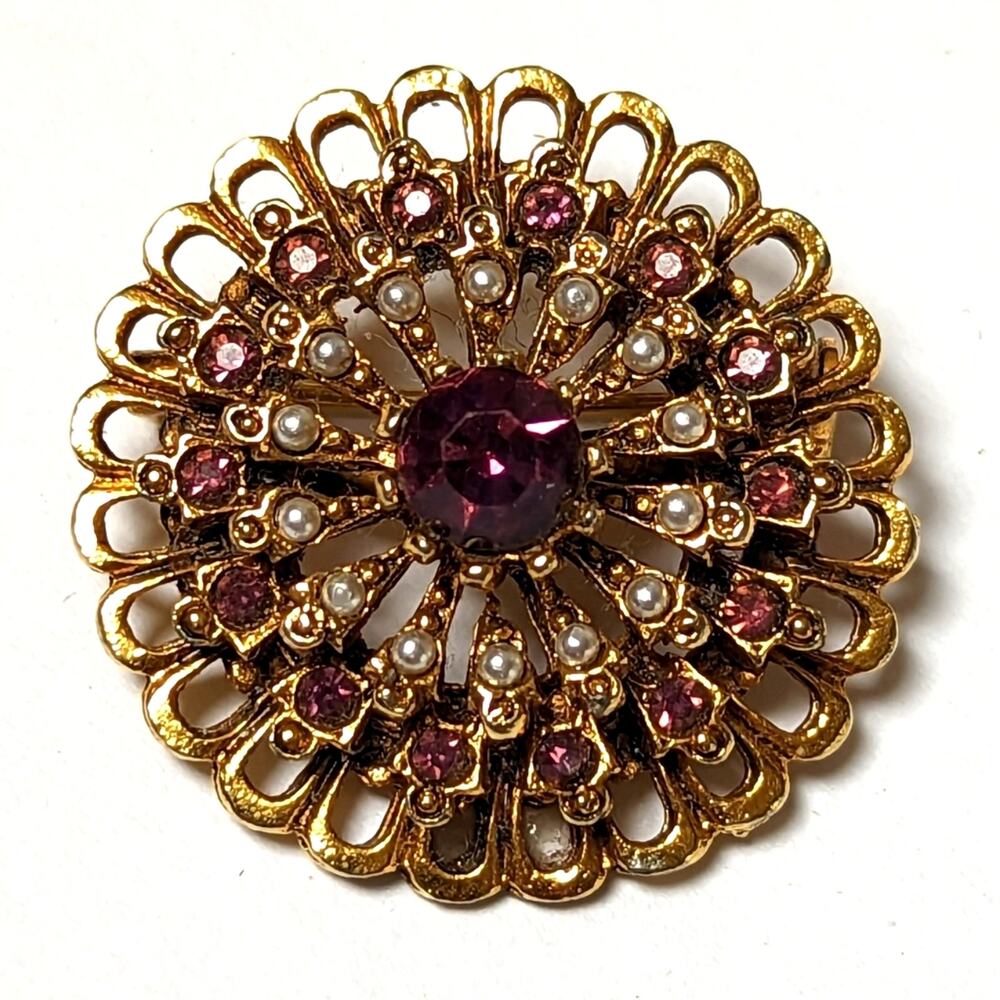 Vintage Arthur Pepper Gold Filigree Starburst Amethyst Colored Crystal Brooch